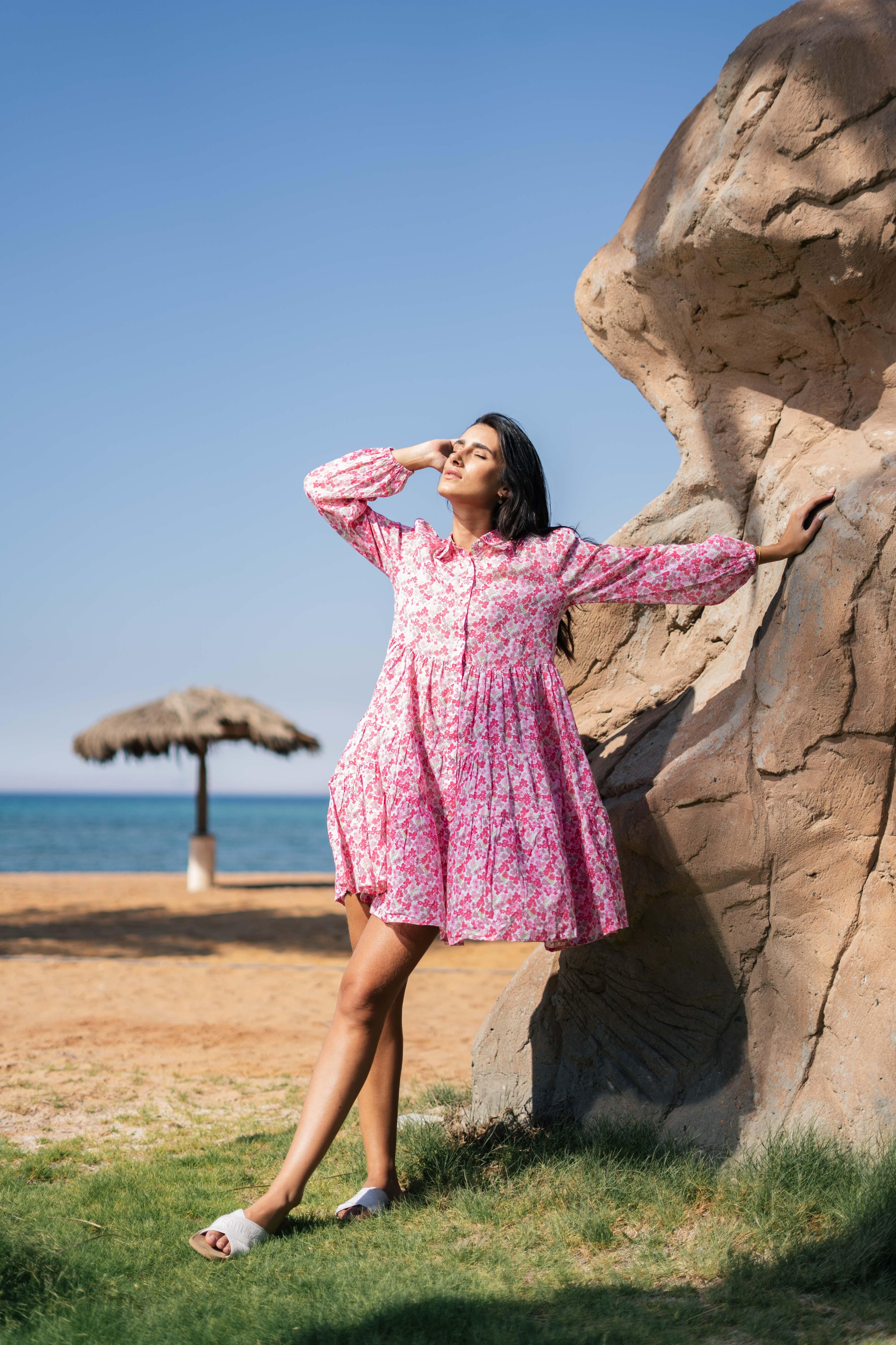 Pink Floral Printed Full Sleeve Dress - SanskrutiHomes 