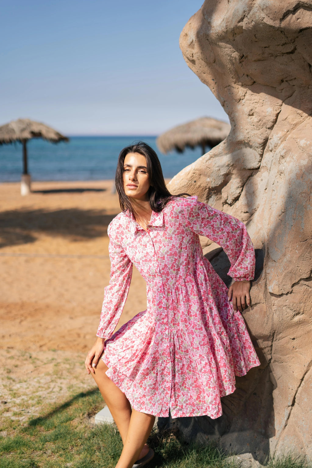 Pink Floral Printed Full Sleeve Dress - SanskrutiHomes 