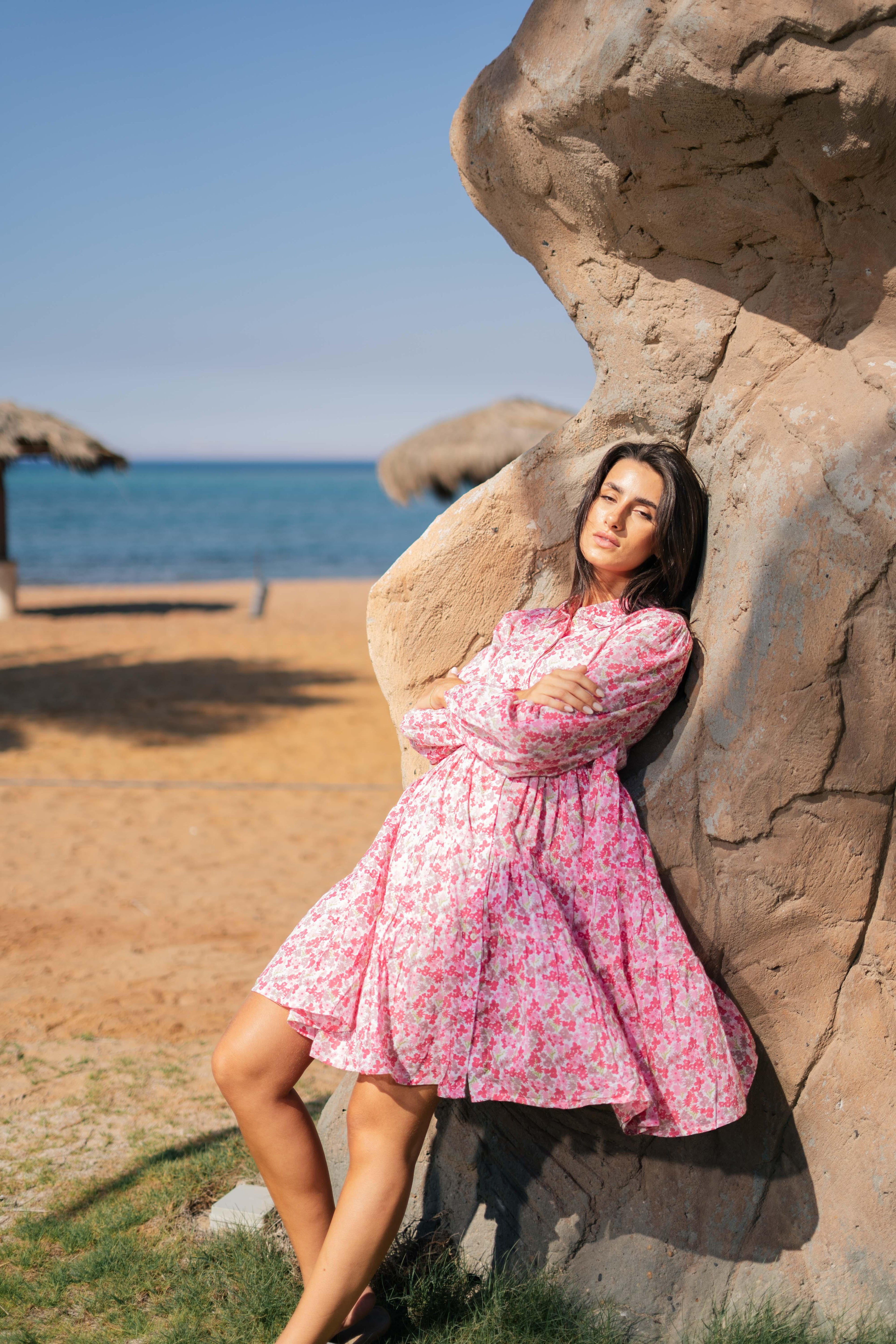 Pink Floral Printed Full Sleeve Dress - SanskrutiHomes 