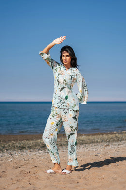 Green Flower Printed Night Suit Set - SanskrutiHomes 