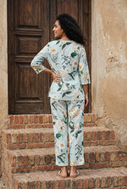 Blue Round Neck Floral Print Pure Cotton Night Suit For Women