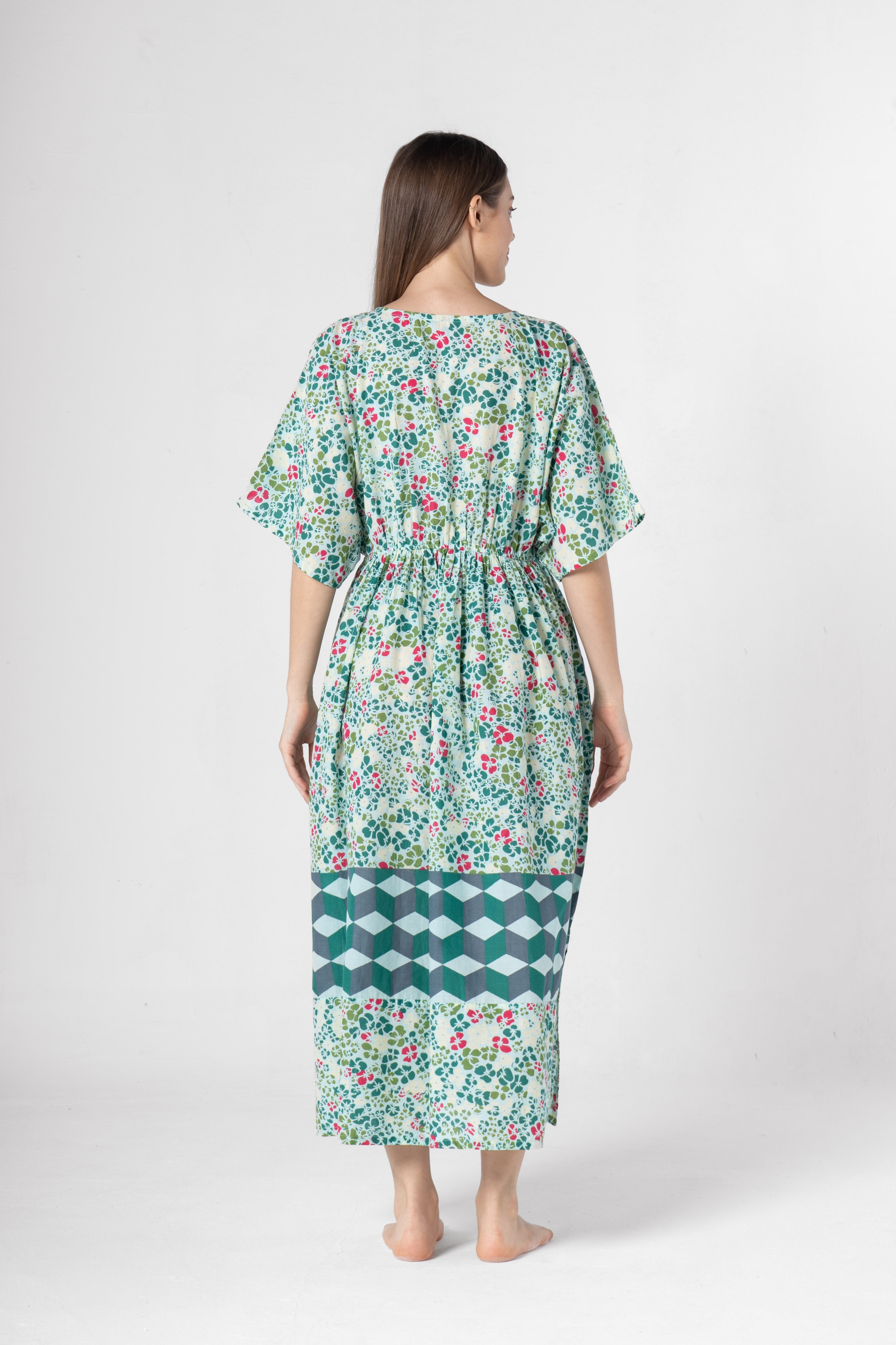 Green Floral Printed Kaftan Night Dress - SanskrutiHomes 