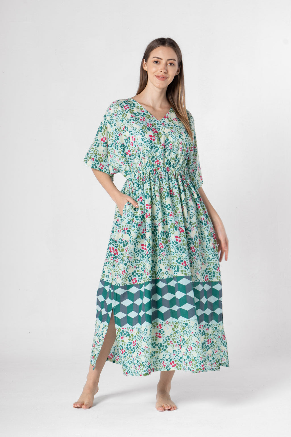 Green Floral Printed Kaftan Night Dress - SanskrutiHomes 