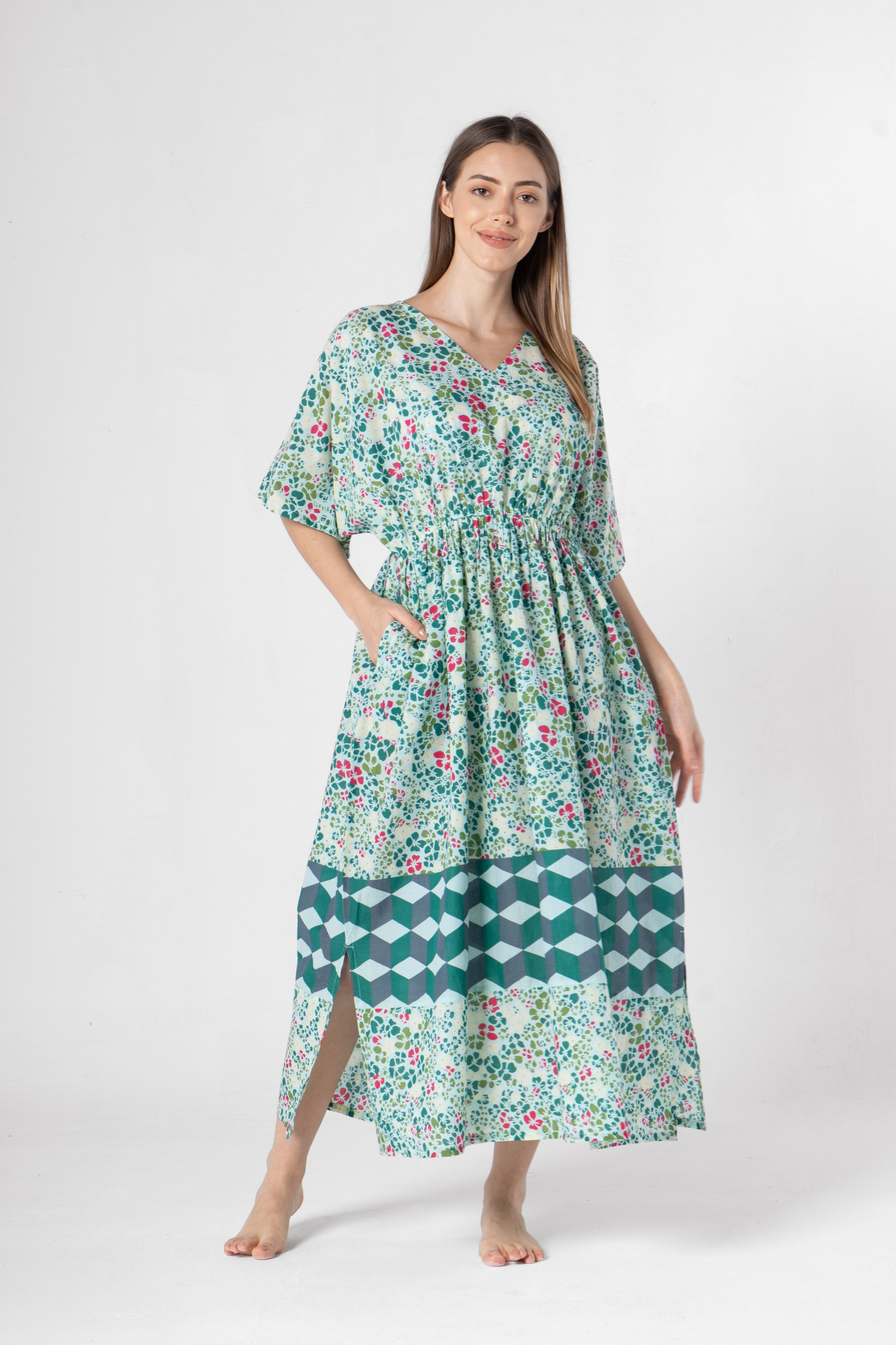Green Floral Printed Kaftan Night Dress - SanskrutiHomes 