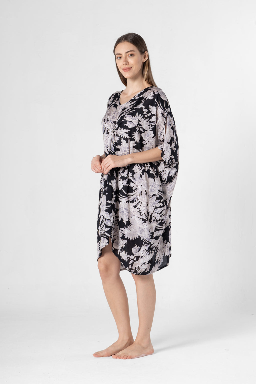Black Flower Printed Night Dress - SanskrutiHomes 