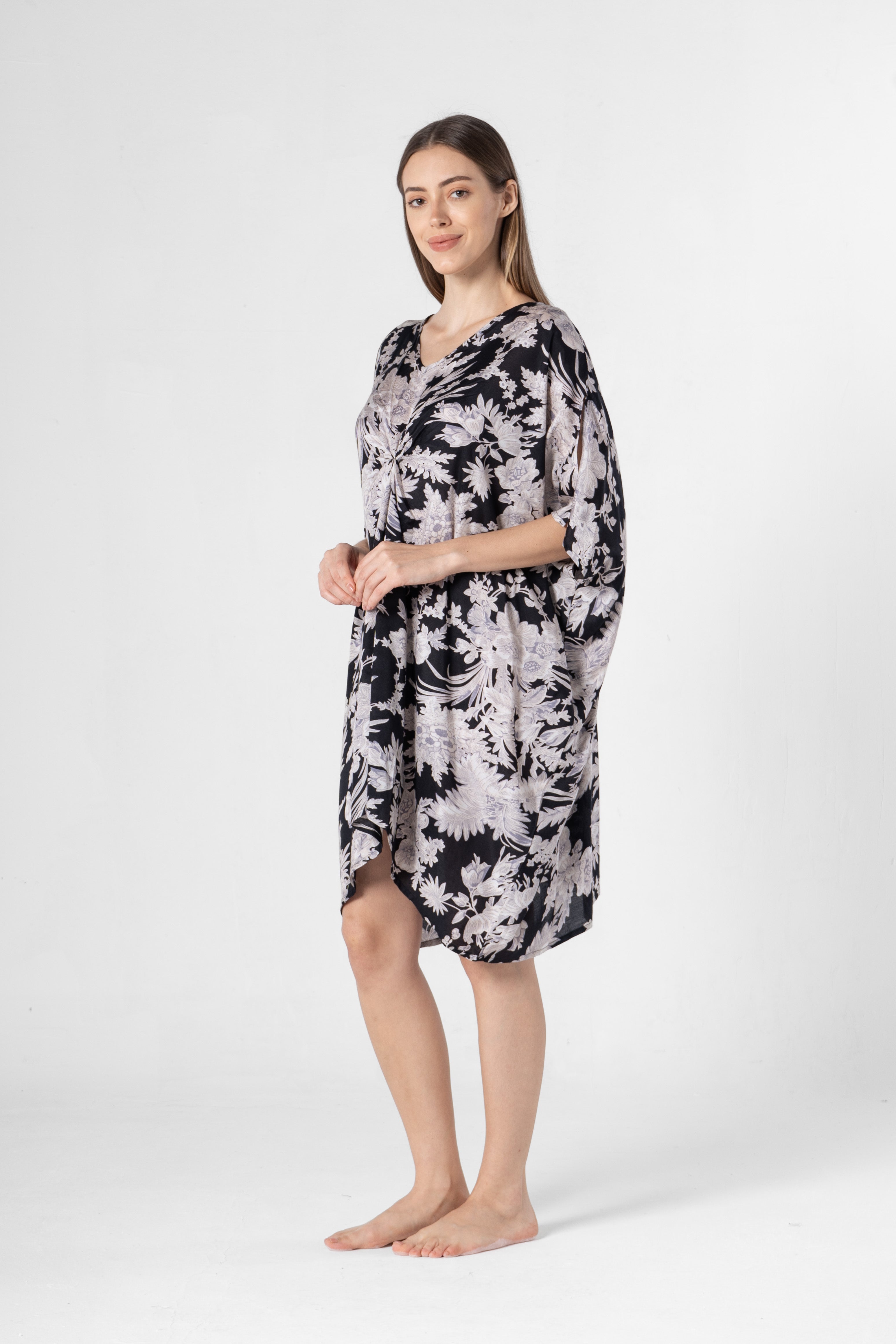 Black Flower Printed Night Dress - SanskrutiHomes 