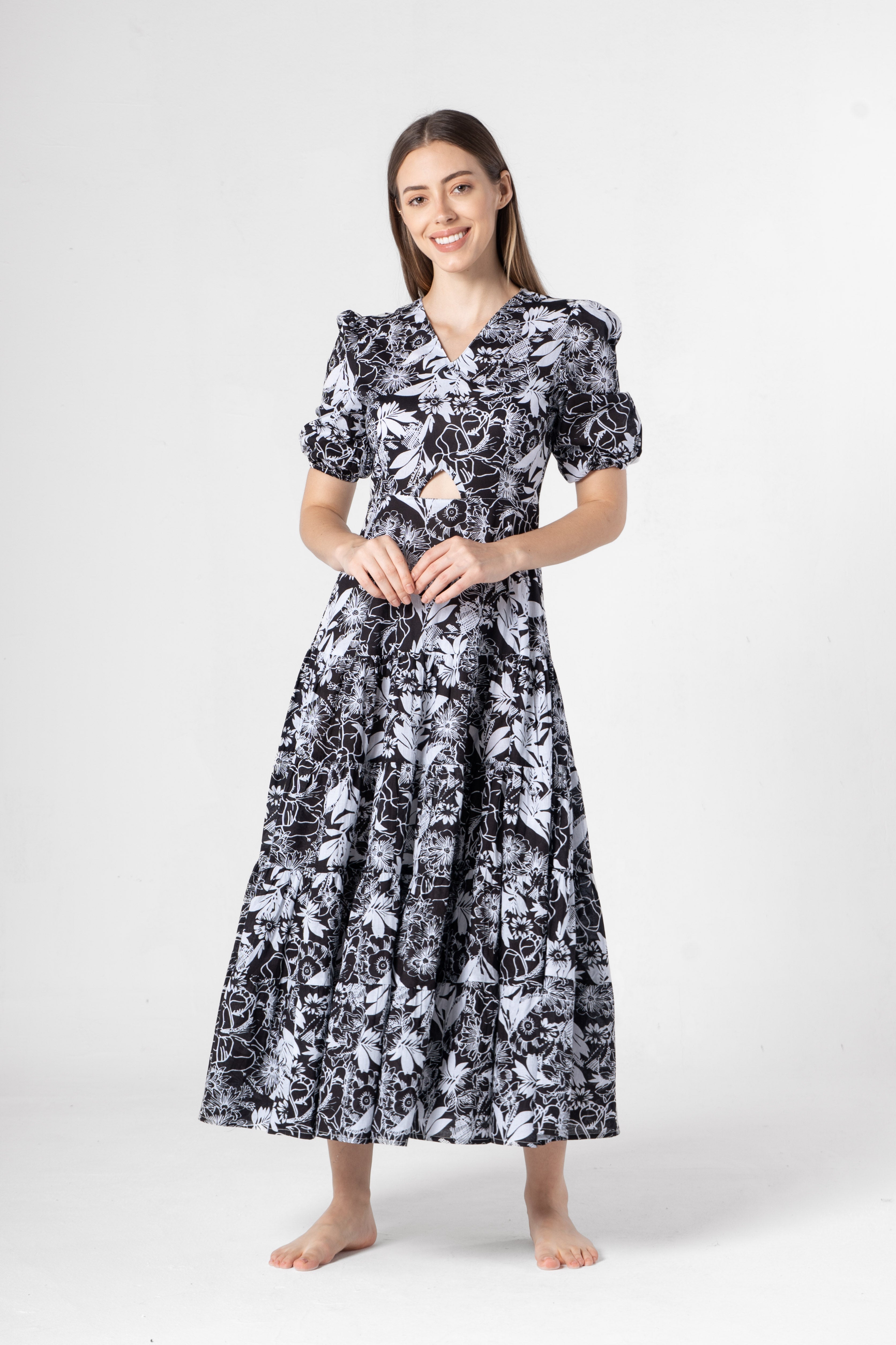 Black Floral Printed Cotton V-Neck Dress - SanskrutiHomes 