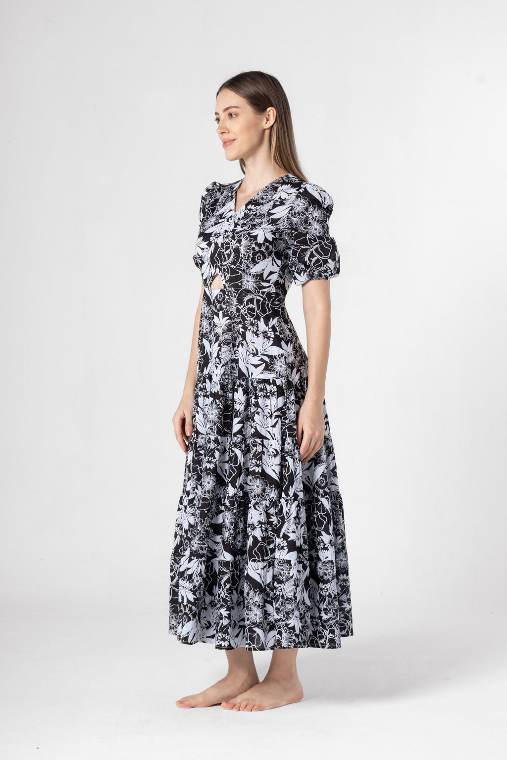 Black Floral Printed Cotton V-Neck Dress - SanskrutiHomes 