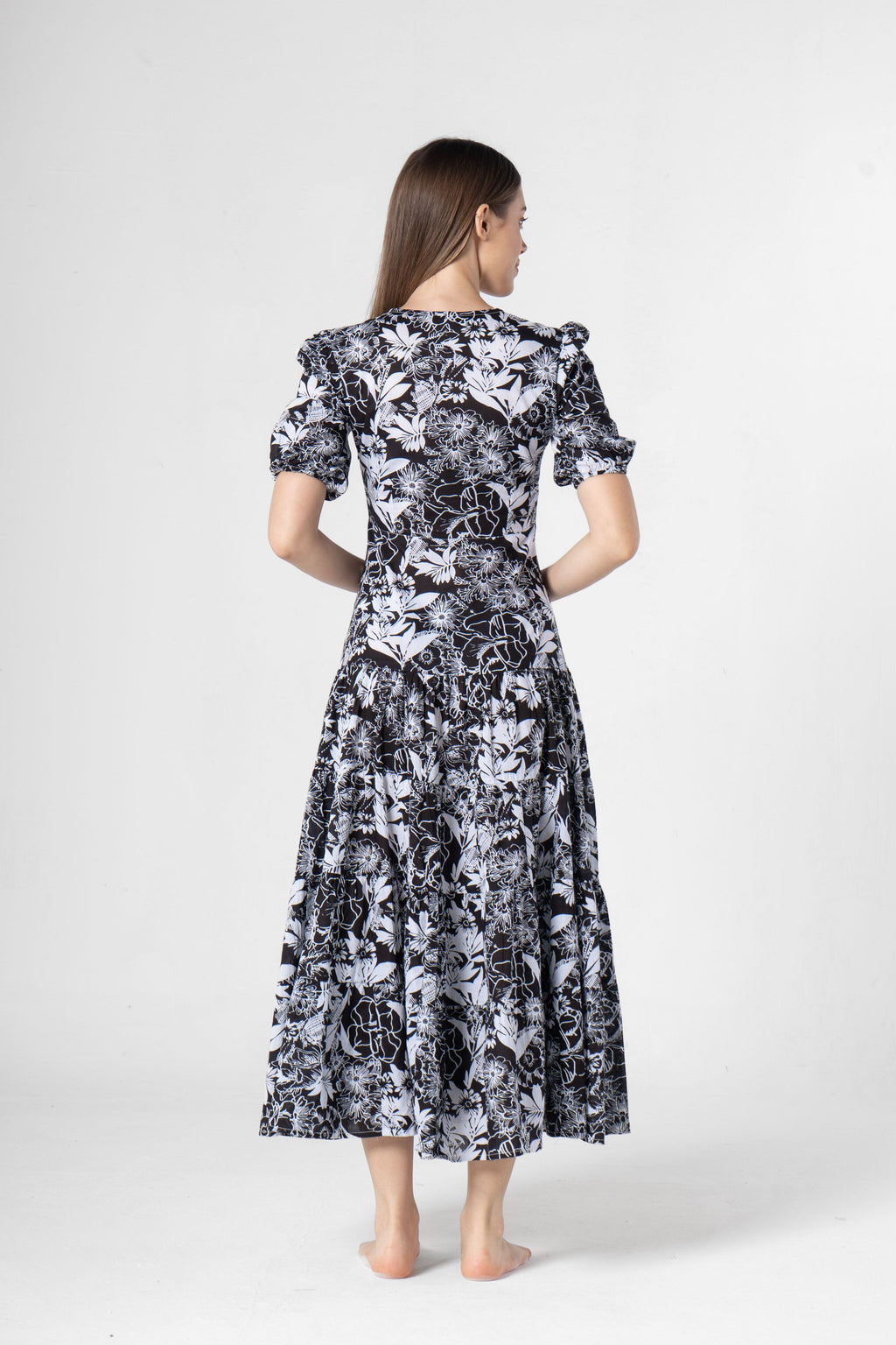 Black Floral Printed Cotton V-Neck Dress - SanskrutiHomes 