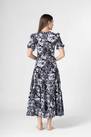 Black Floral Printed Cotton V-Neck Dress - SanskrutiHomes 