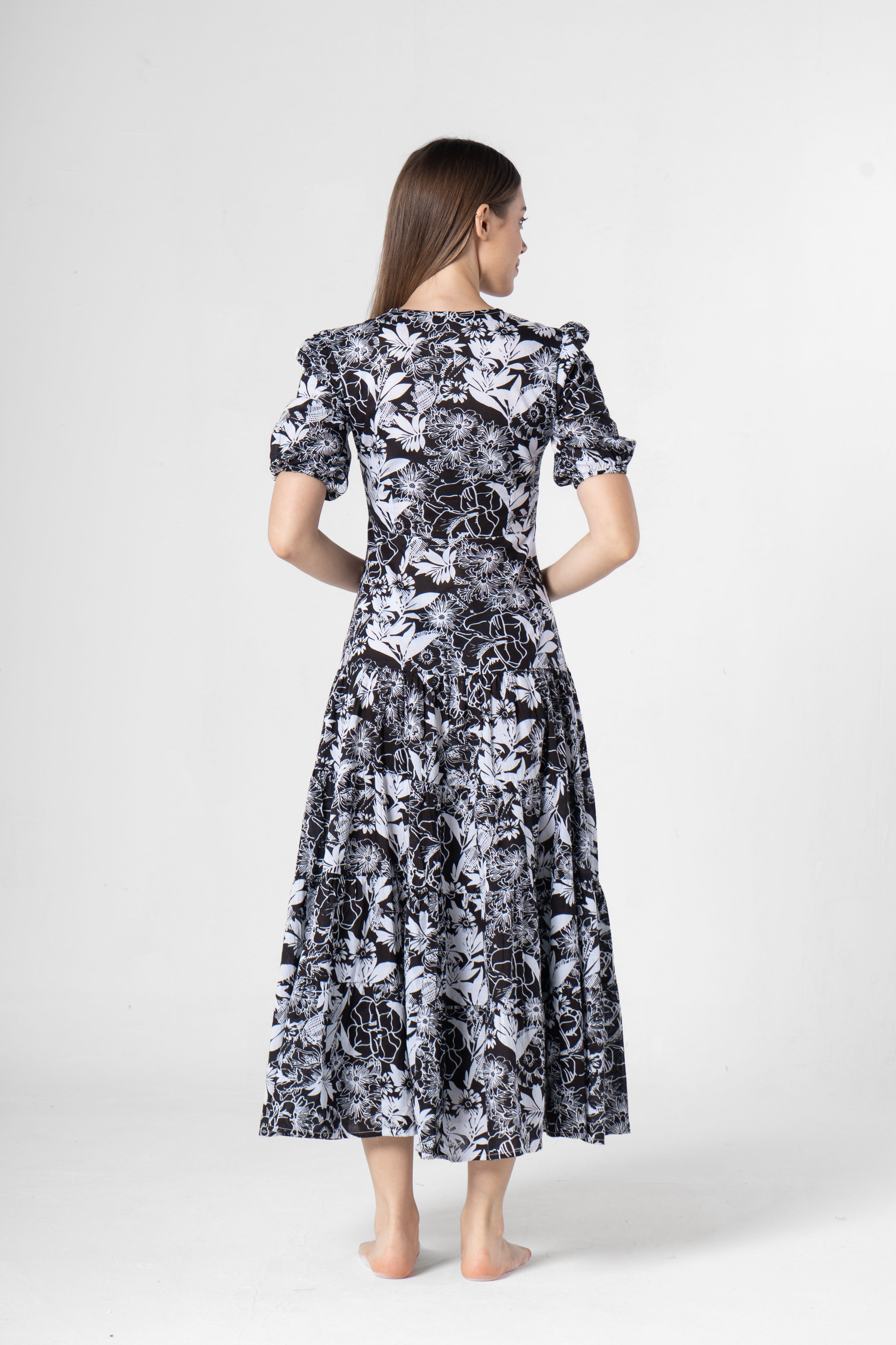 Black Floral Printed Cotton V-Neck Dress - SanskrutiHomes 