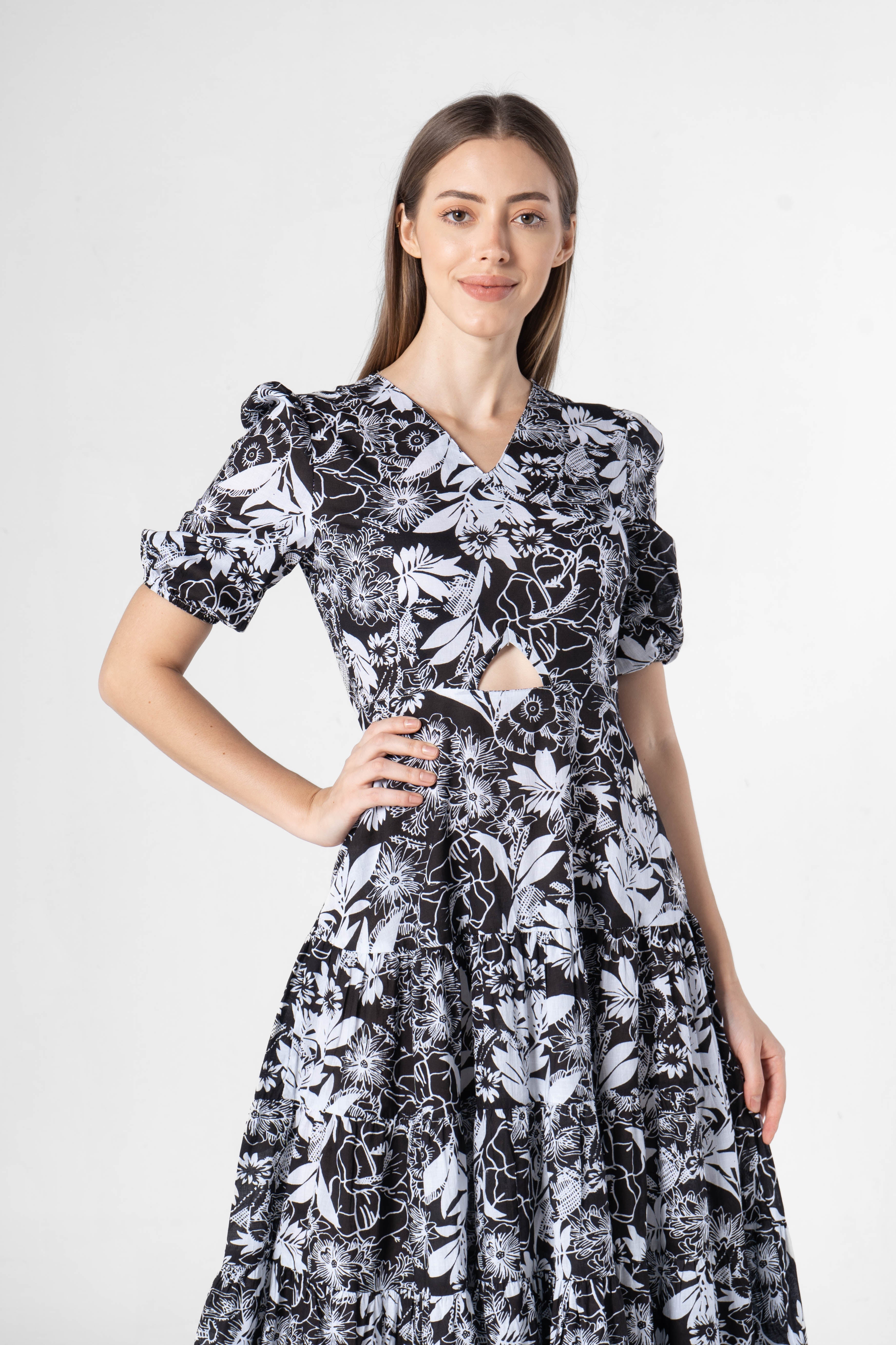 Black Floral Printed Cotton V-Neck Dress - SanskrutiHomes 