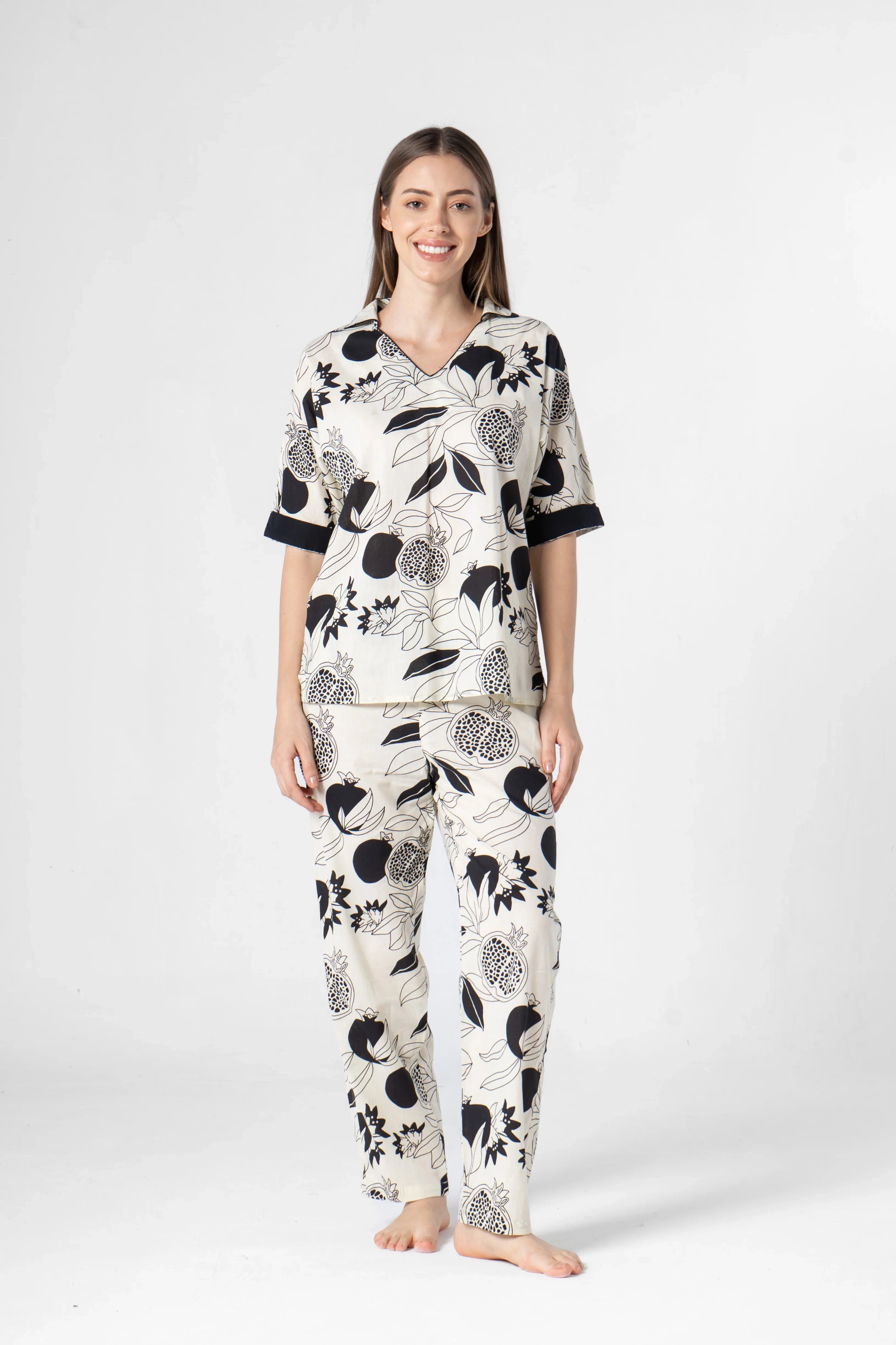 Fruit Printed Black and White Night Suit Set - SanskrutiHomes 