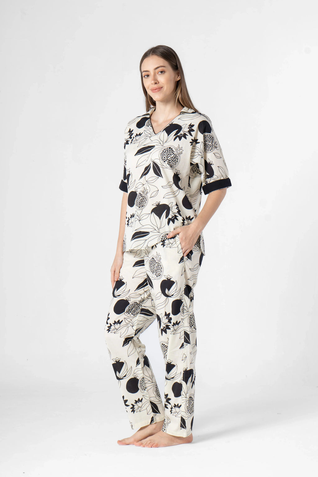 Fruit Printed Black and White Night Suit Set - SanskrutiHomes 