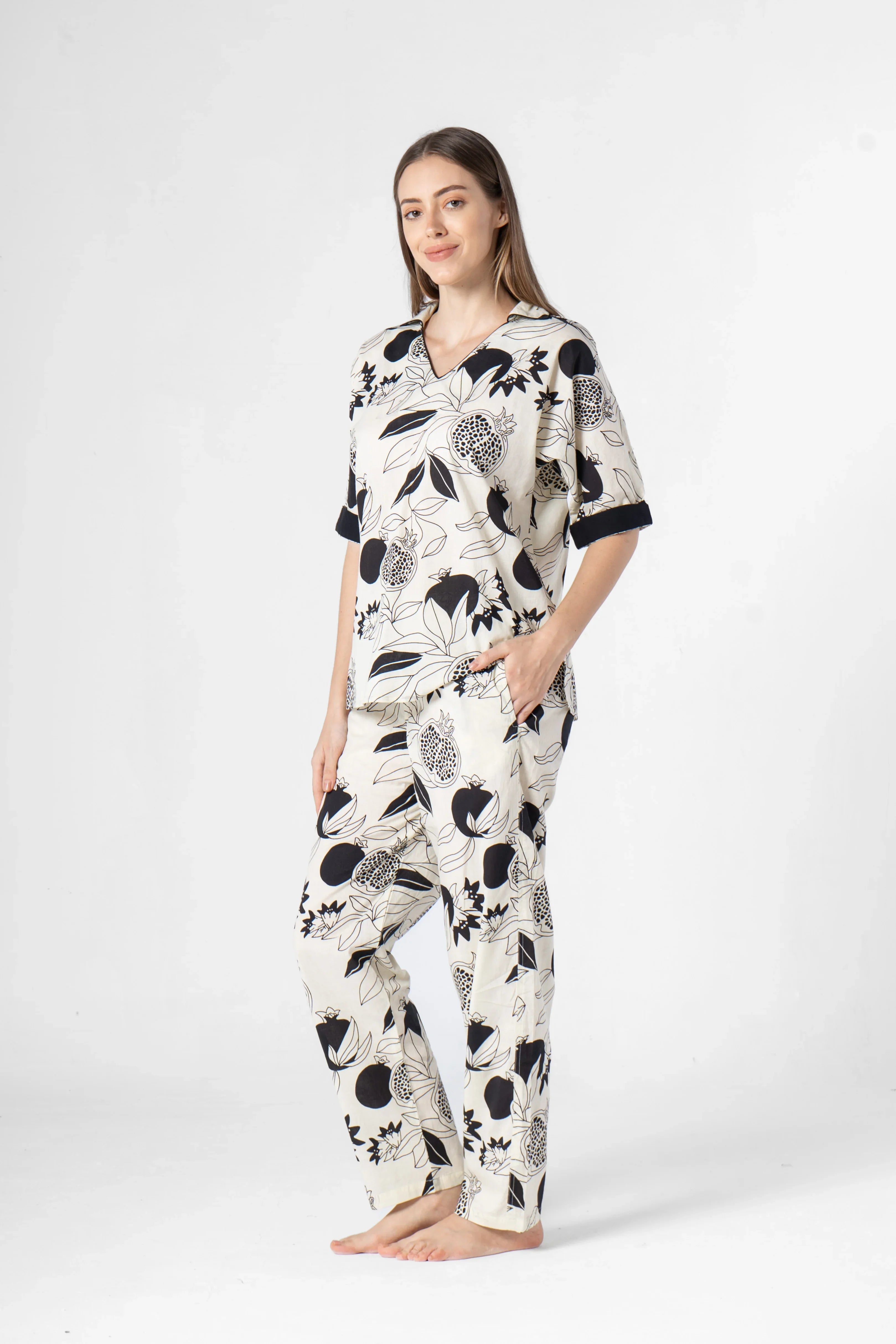 Fruit Printed Black and White Night Suit Set - SanskrutiHomes 