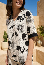 Off White Shirt Collar tropical Print Pure cotton Night Suit For Women