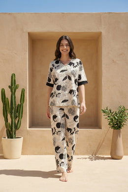 Off White Shirt Collar tropical Print Pure cotton Night Suit For Women