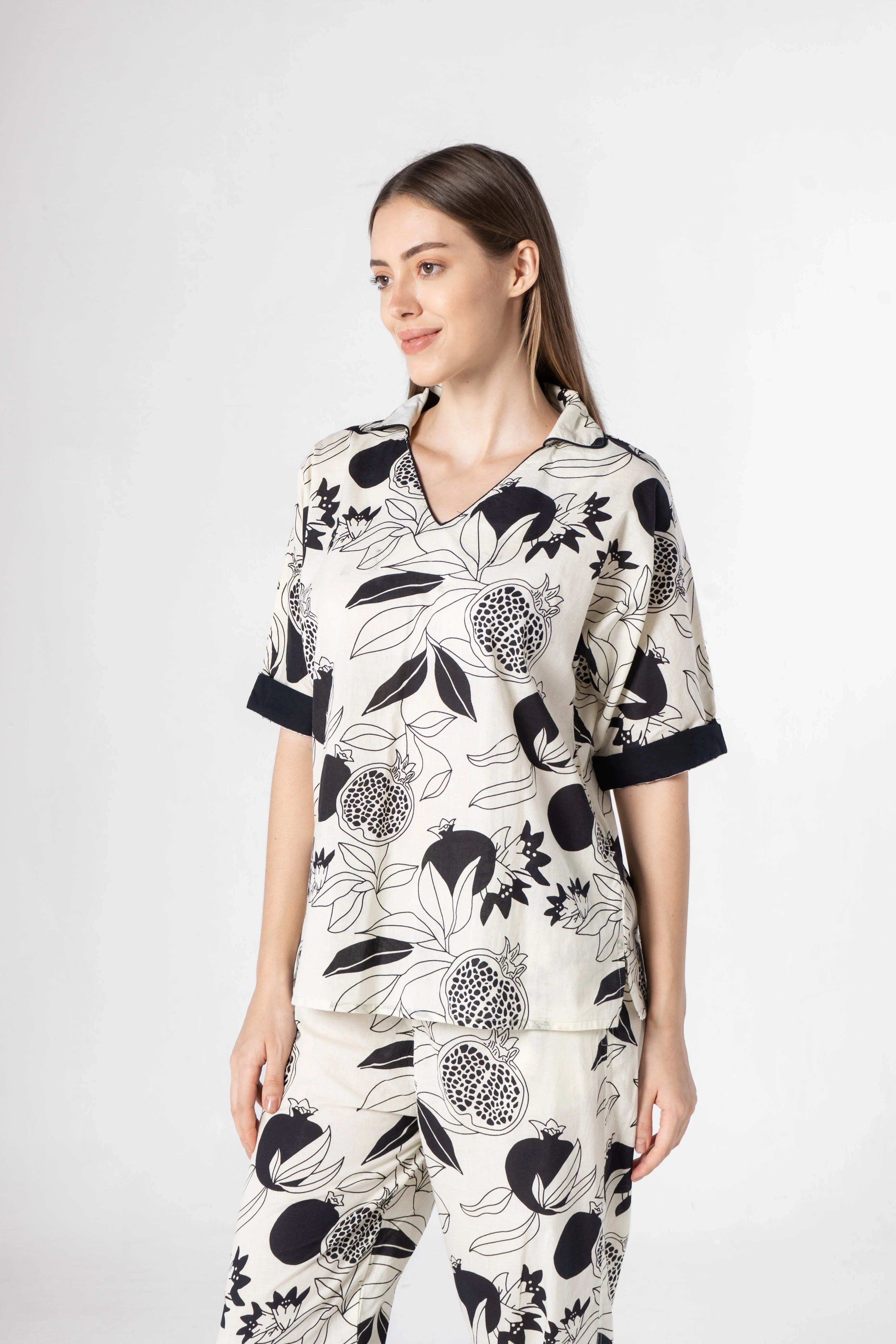 Fruit Printed Black and White Night Suit Set - SanskrutiHomes 