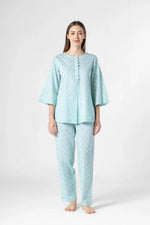 Sky Blue Flower Printed Cotton Night Suit Set - SanskrutiHomes 