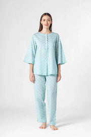 Sky Blue Flower Printed Cotton Night Suit Set - SanskrutiHomes 