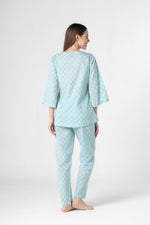 Sky Blue Flower Printed Cotton Night Suit Set - SanskrutiHomes 