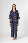 Navy Blue Floral Print Spread Collar Neck Cotton Night Suit Set For Women