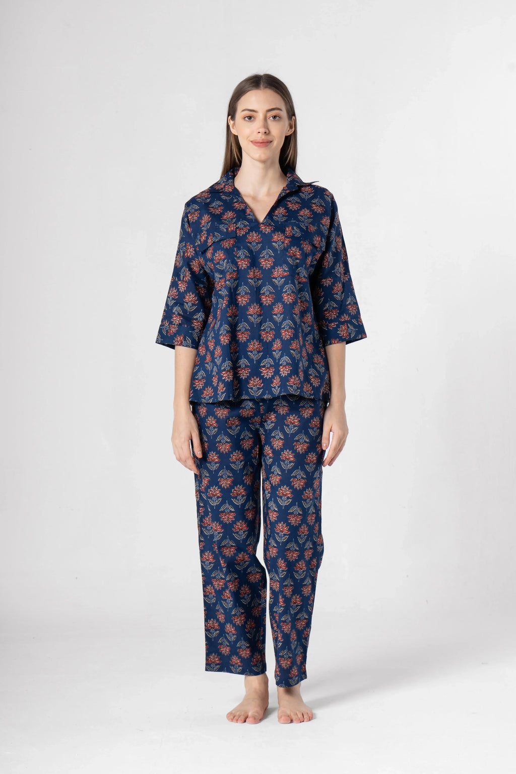 Blue Flower Printed Cotton Night Suit Set - SanskrutiHomes 
