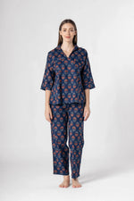Blue Flower Printed Cotton Night Suit Set - SanskrutiHomes 
