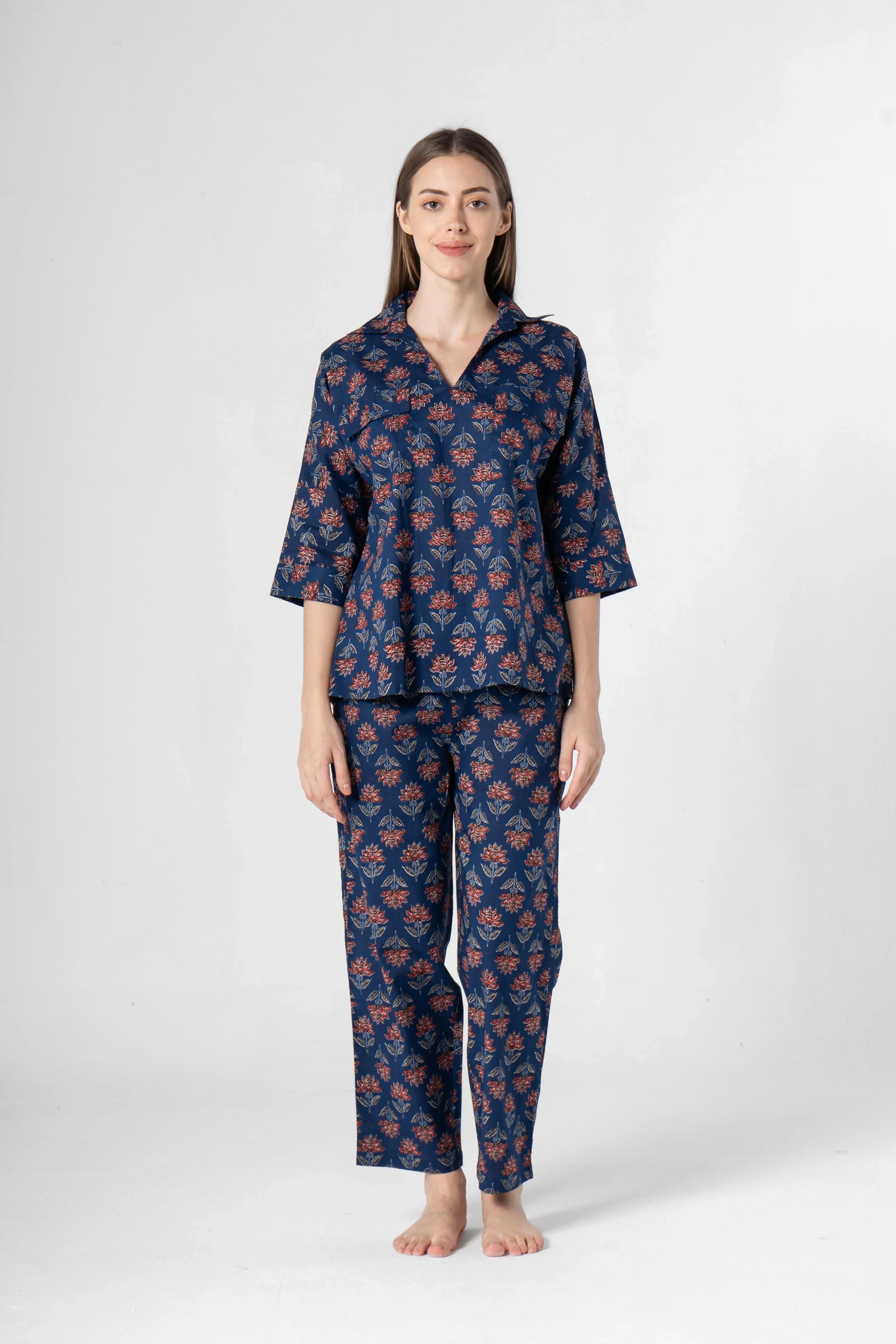 Blue Flower Printed Cotton Night Suit Set - SanskrutiHomes 