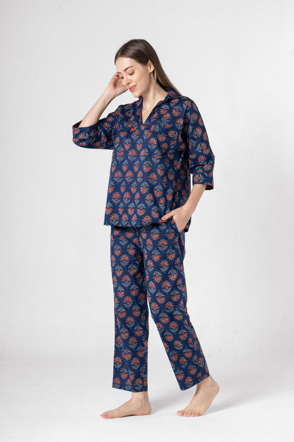 Blue Flower Printed Cotton Night Suit Set - SanskrutiHomes 