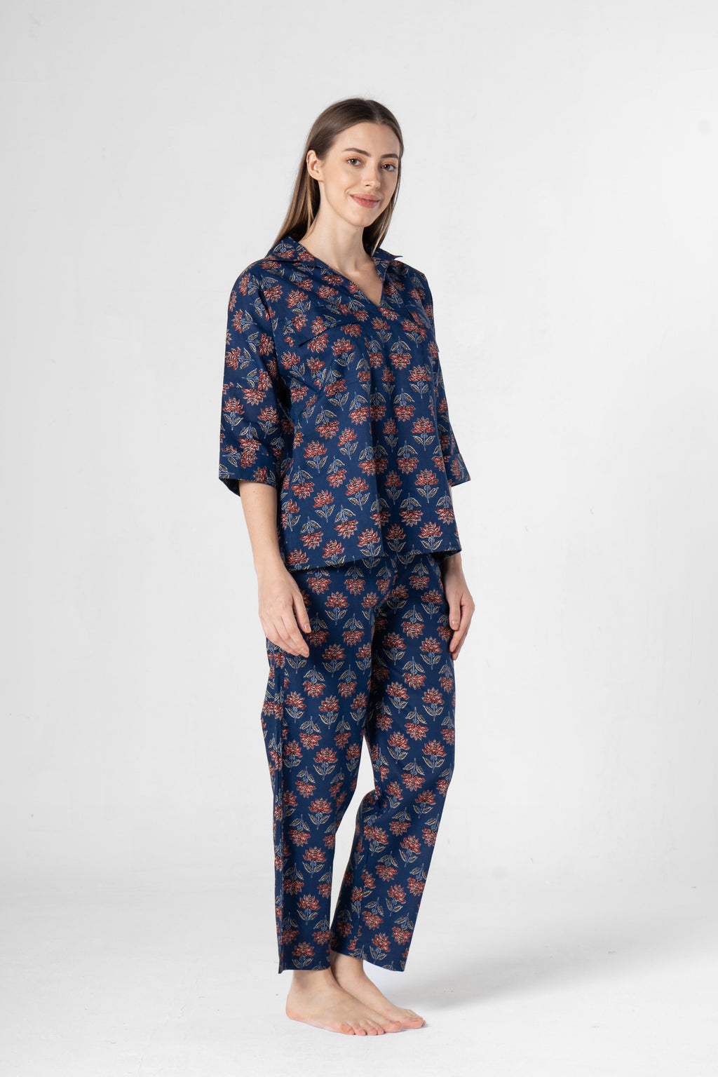 Blue Flower Printed Cotton Night Suit Set - SanskrutiHomes 