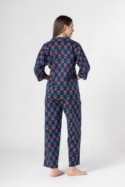 Blue Flower Printed Cotton Night Suit Set