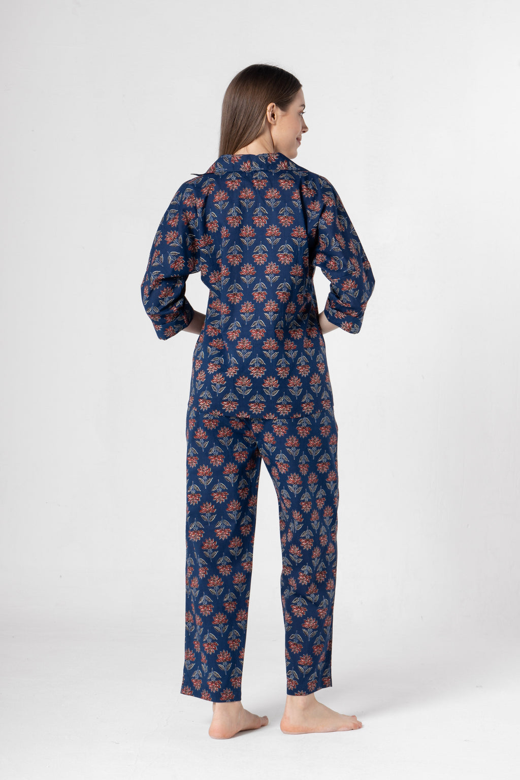 Blue Flower Printed Cotton Night Suit Set - SanskrutiHomes 