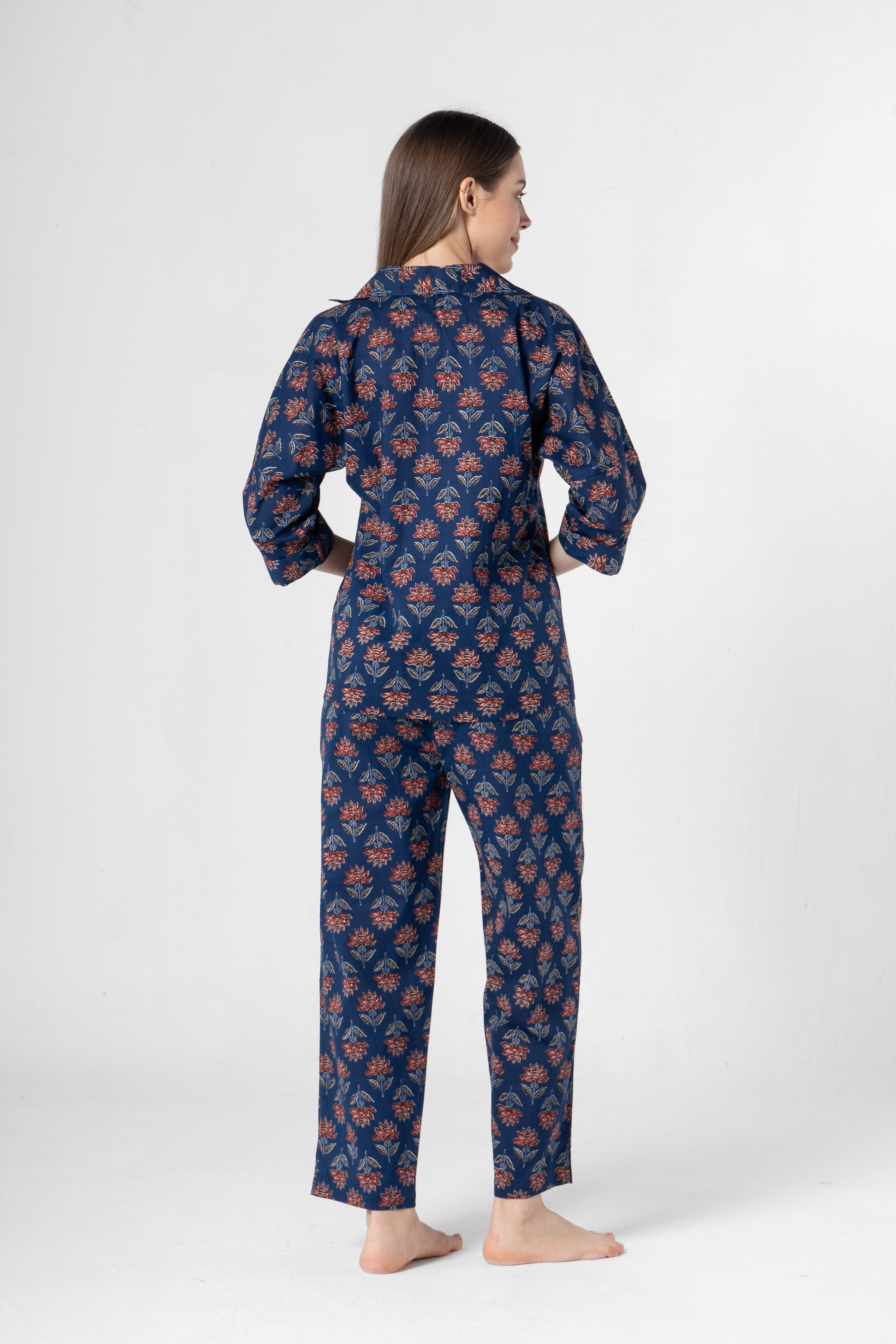 Blue Flower Printed Cotton Night Suit Set - SanskrutiHomes 