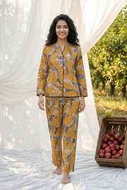 Yellow Round Neck Animal Print Pure Cotton Night Suit For Women