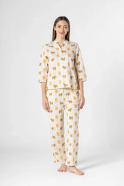 White Animal Print Night Suit for Women - SanskrutiHomes 