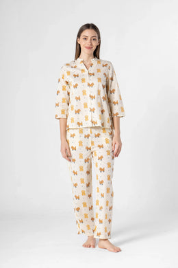 White Animal Print Night Suit for Women - SanskrutiHomes 