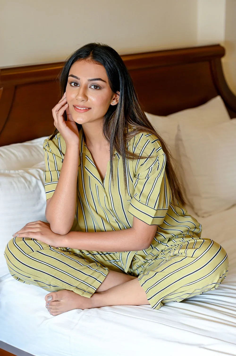 Yellow Rayon Crepe Printed Night Suit Set with Payjama - SanskrutiHomes 