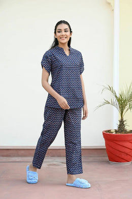 Navy Blue Cotton Printed Night Suit Set with Payjama - SanskrutiHomes 