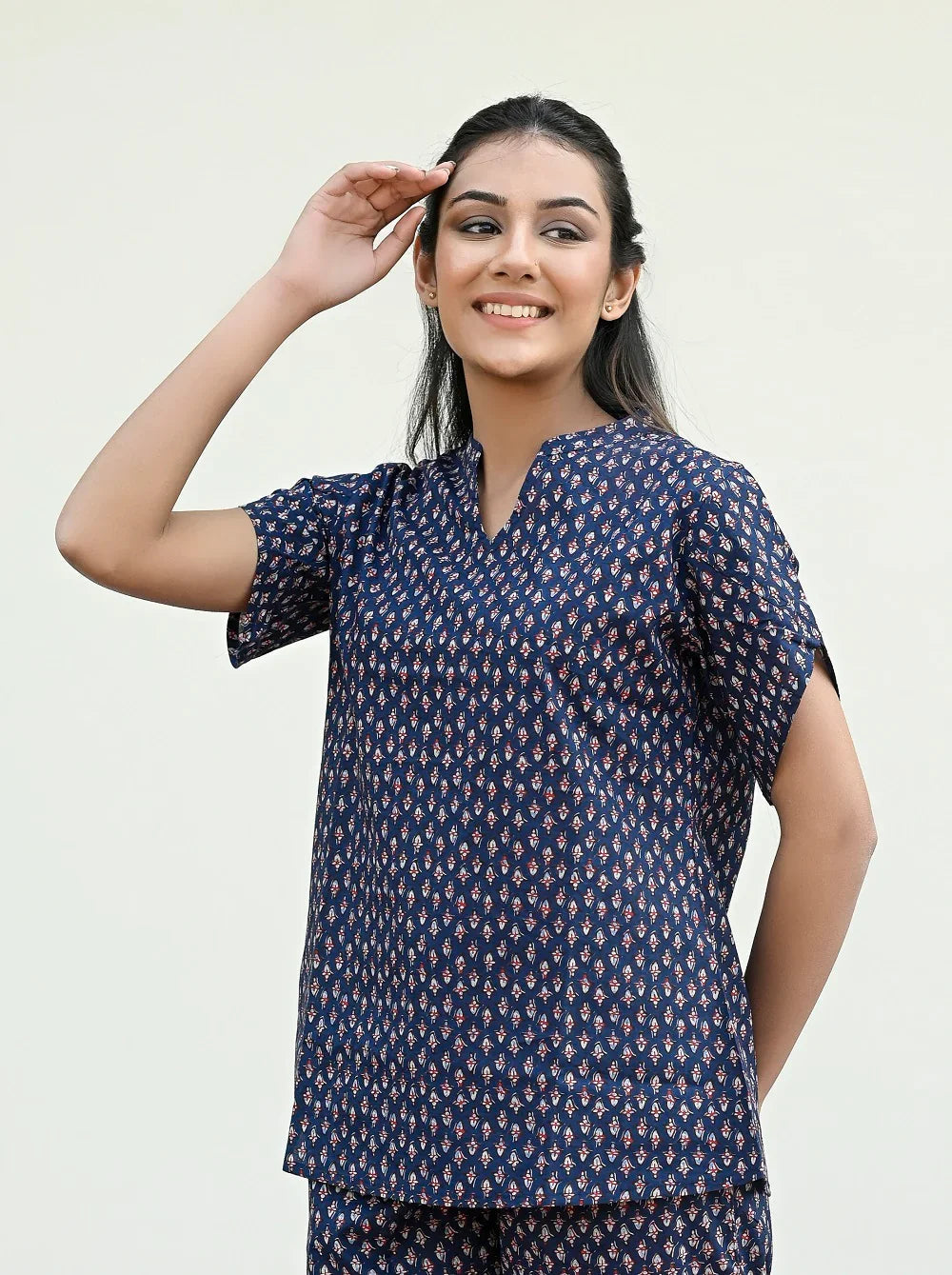 Navy Blue Cotton Printed Night Suit Set with Payjama - SanskrutiHomes 