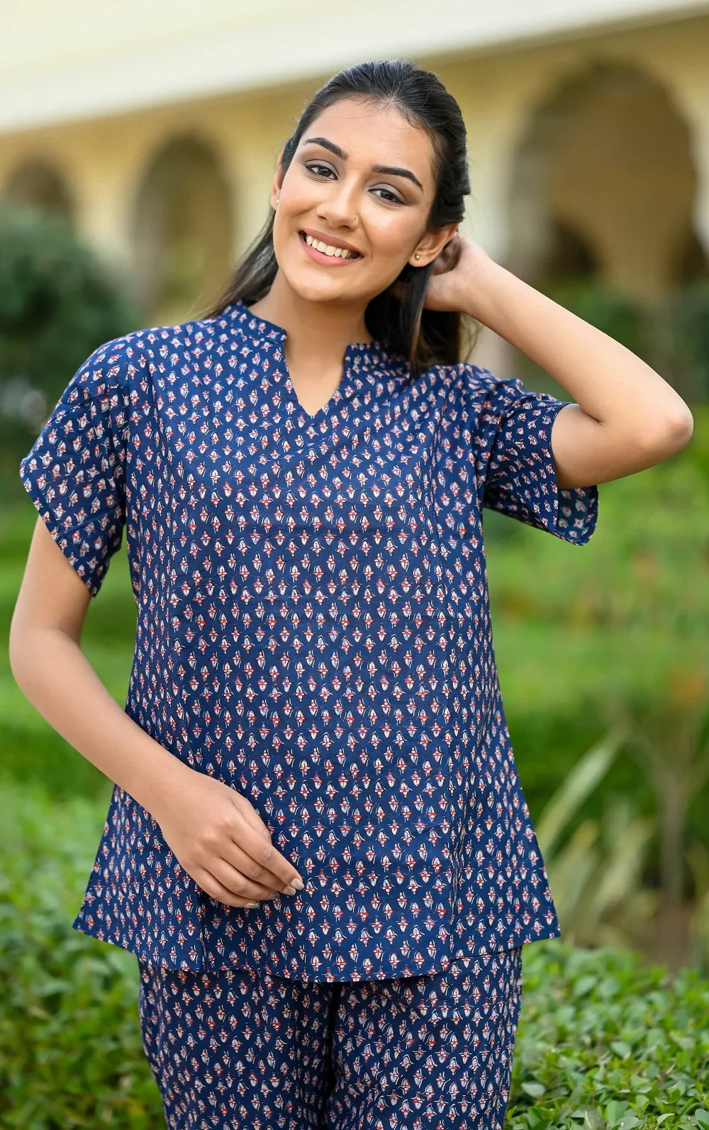 Navy Blue Cotton Printed Night Suit Set with Payjama - SanskrutiHomes 