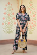 Black Cotton Printed Night Suit Set with Payjama - SanskrutiHomes 