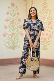 Black Cotton Printed Night Suit Set with Payjama - SanskrutiHomes 