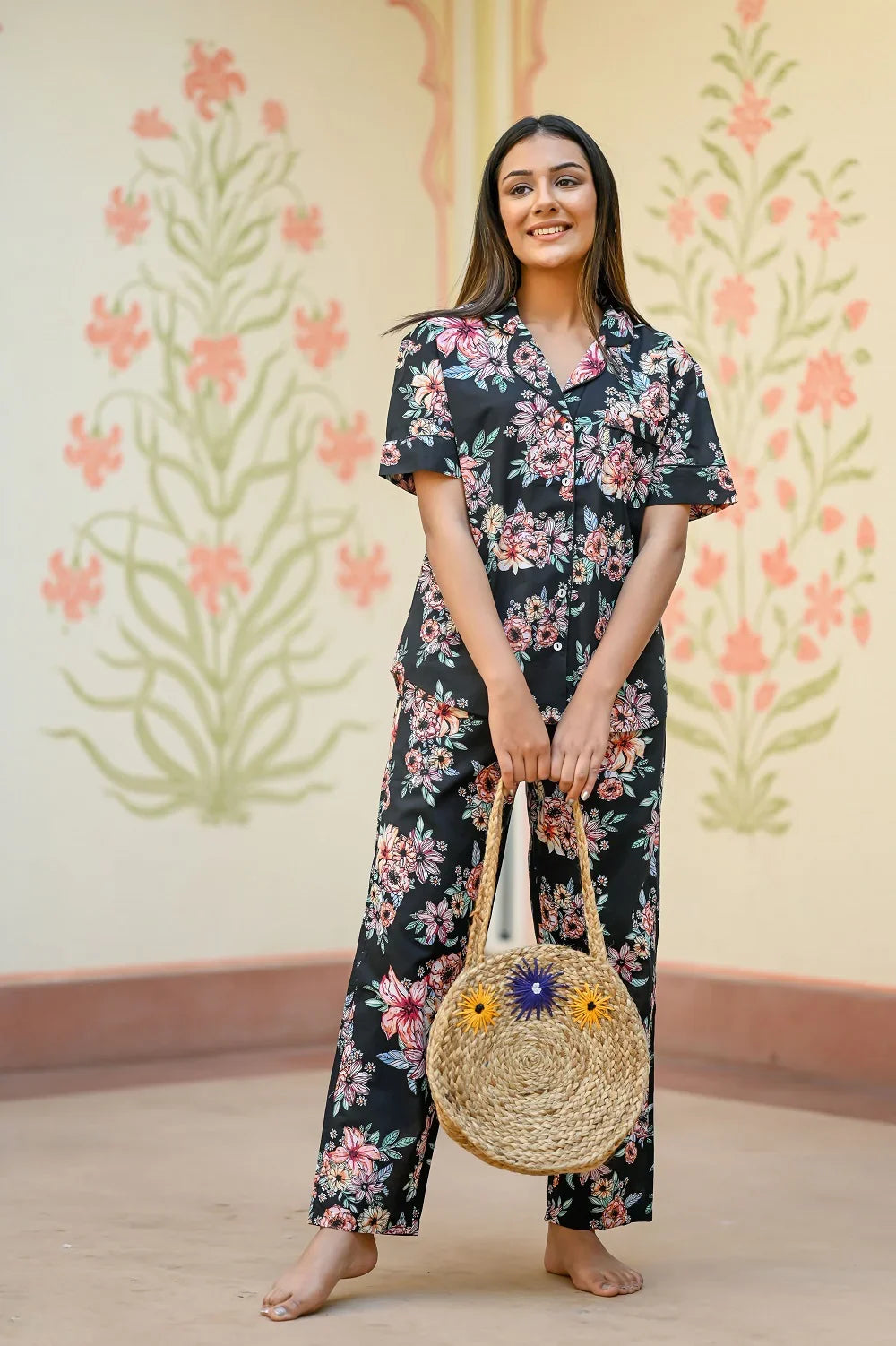 Black Cotton Printed Night Suit Set with Payjama - SanskrutiHomes 