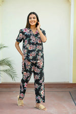 Black Cotton Printed Night Suit Set with Payjama - SanskrutiHomes 