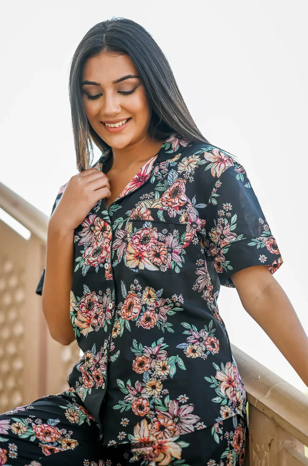 Black Cotton Printed Night Suit Set with Payjama - SanskrutiHomes 