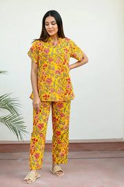 Yellow Cotton Printed Night Suit Set with Payjama - SanskrutiHomes 