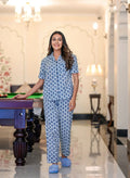 Blue/White Cotton Printed Night Suit Set with Payjama - SanskrutiHomes 