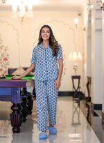 Blue/White Cotton Printed Night Suit Set with Payjama - SanskrutiHomes 