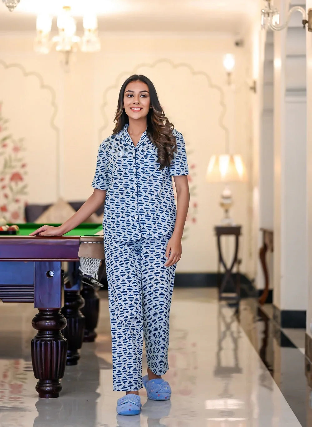 Blue/White Cotton Printed Night Suit Set with Payjama - SanskrutiHomes 